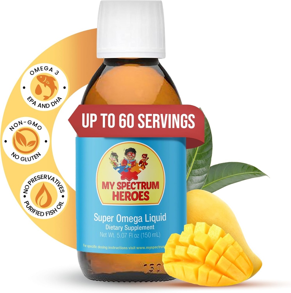 My Spectrum Heroes Fish Oil Supplement for Children - Omega 3 for Neural Assistance, Inflamation & Imune Aid - EPA & DHA for Brain & Eye Health - Kids & Adult Liquid Supplement - 5.07oz (150ml)