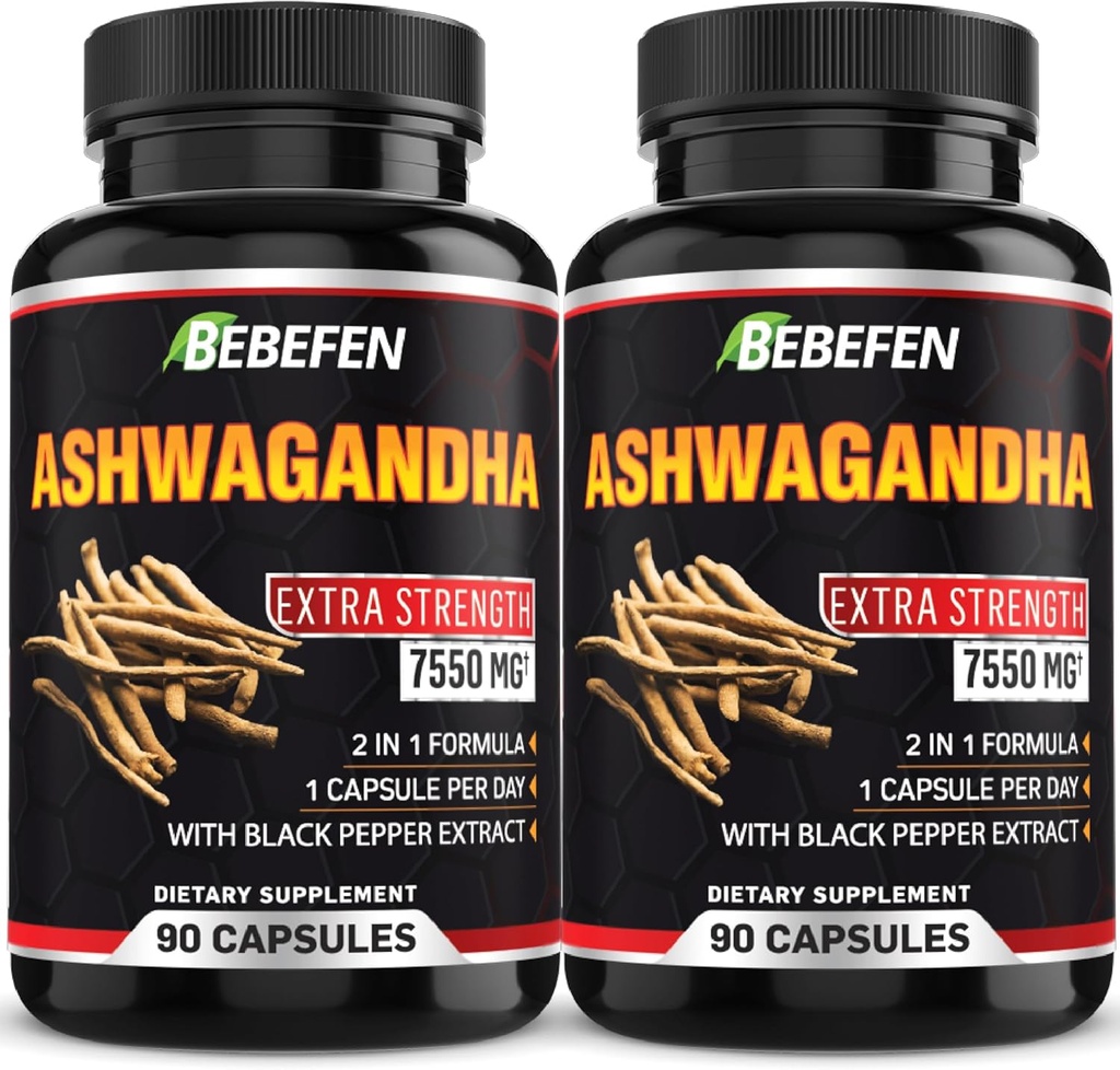Cápsulas BEBEFEN Ashwagandha - 7550mg Pílulas de Fórmula com Extrato de Pimenta Negra - 90 Cápsulas Suplemento Ashwagandha para Suporte Energético - 3 Mês de Abastecimento (Pacote de 2)