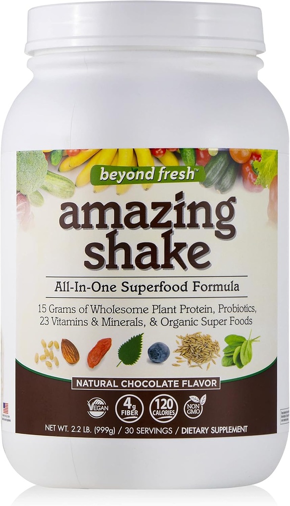 Além de fresco Amazing Shake, Fórmula de Superalimentos, Proteína vegetal baseada, Carboidratos líquidos baixos, Proteína integral, Substituição de refeições, sabor de chocolate natural, 999 Grams, Branco