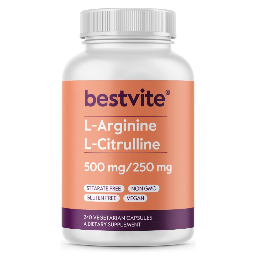 BESTVITE L-Arginina L-Citrulina 500mg / 250mg Vegan (240 Cápsulas vegetarianas) - Sem Stearates - Sem Fosfato de Dicálcio - Não OGM - Glúten Grátis