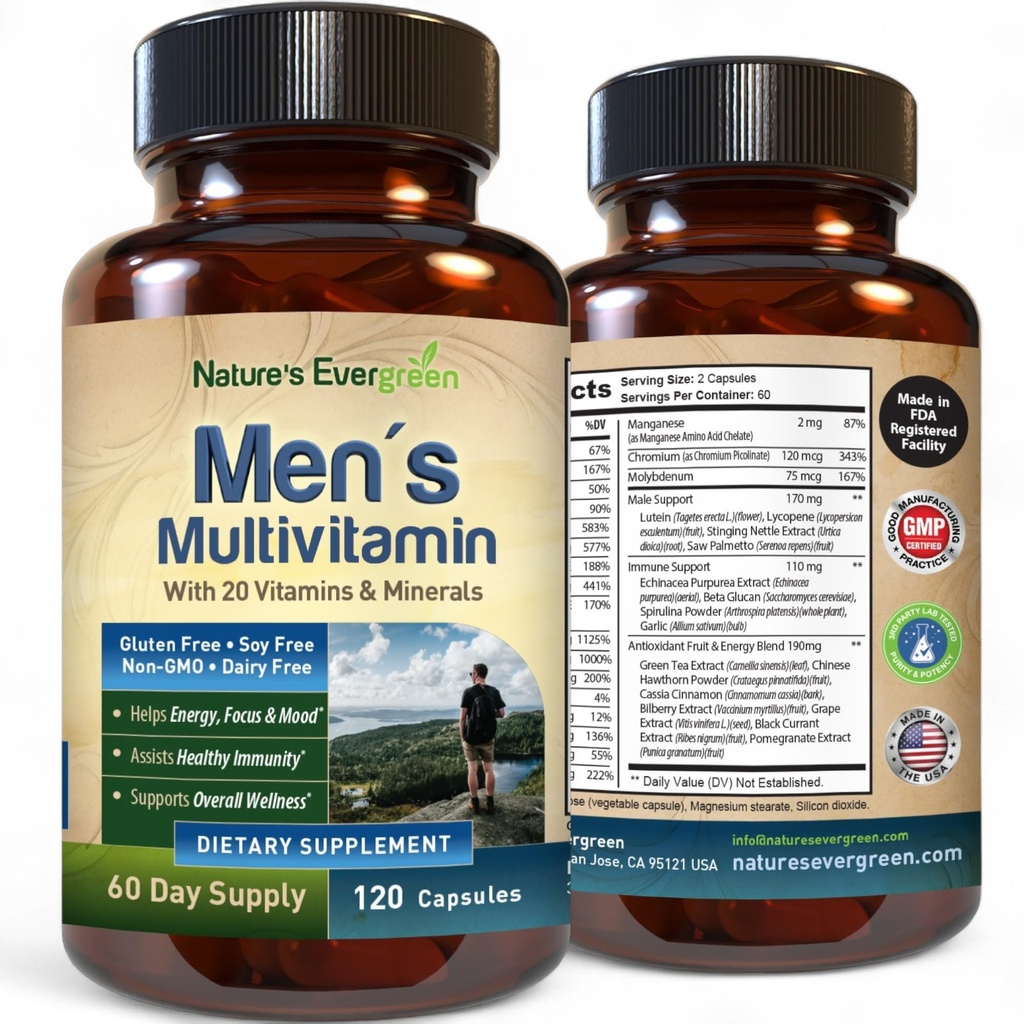Melhor multivitamínico para homens, completamente multivitamínicos e multiminerais masculinos com mais de 20 vitaminas A, C, D, E, B12, zinco e vitaminas mais essenciais para homens, energia, foco e saúde imune. 120 Cápsulas