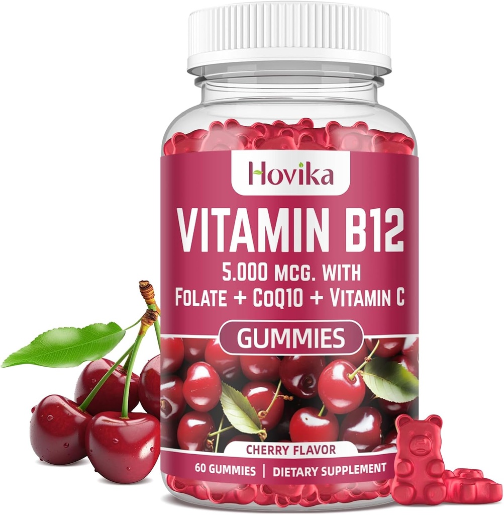 Vitamina B12 Complexo 5000 mcg Metil B12, Adenosyl B12 & Hydroxy B12, com Coenzima Q10, Folato, Vitamina C, Mastigável B 12 para suporte energético, Metabolismo, Saúde Óssea - Flavor Cereja