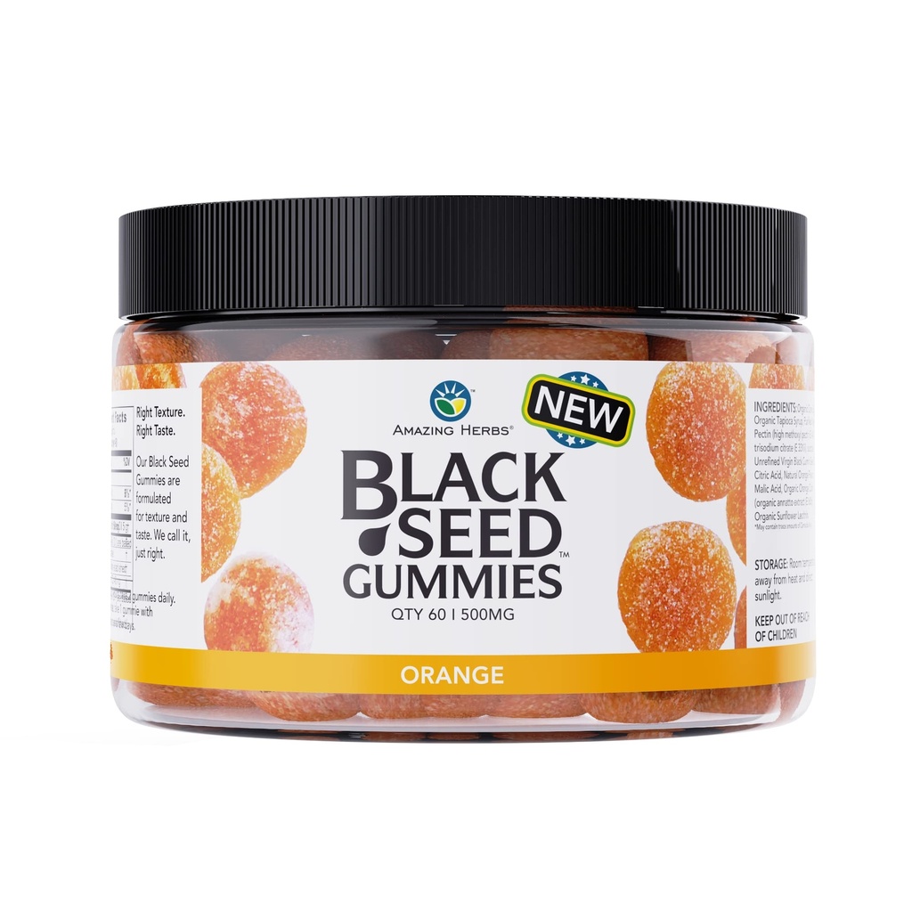 Ervas incríveis Orgânico Black Seed Oil Gummies - 500mg por serviço, frio prensado Black Cumin Seed, feito com Nigella Sativa, Ajuda a aumentar a imunidade, Suporta uma digestão saudável - Orange Flavor 60 Conde