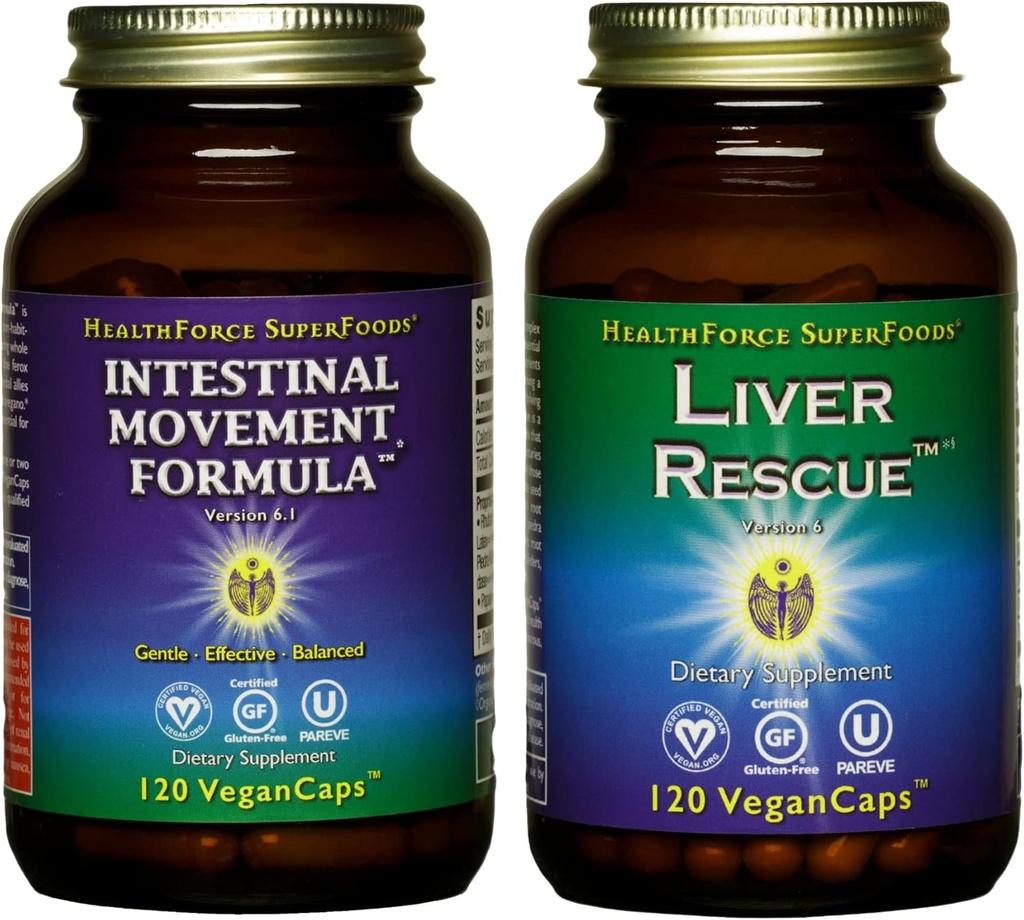 SAÚDE SUPERFOODS Variety Pack - Fígado Resgate 120 VeganCaps + Movimento intestinal Fórmula 120 VeganCaps