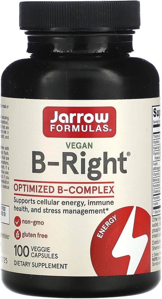 Fórmulas Jarrow B-direita - Baixa Odor Fórmula Complexa de Vitamina B - Suporte de Energia e Metabolismo - Promove o Cérebro, Coração e Saúde Cardiovascular - 100 Servimentos (Pacote de 1)