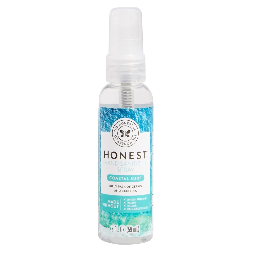 O spray de higienizador de mão baseado em plantas da empresa honesta mata 99,9% dos germes hipoalergênicos de secagem rápida e hidratante Surf costal 2 fl oz