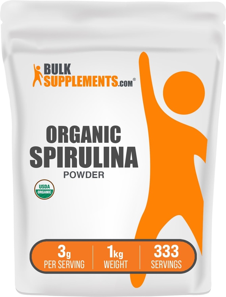 BulkSuplementos.com espirulina orgânica em pó - Superalimento, espirulina verde em pó, Suplemento de ervas - Vegan-Friendly, 3g por serviço, 1 kg (2.2 lbs) (Pacote de 1)