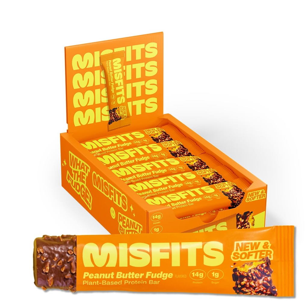 Misfits Vegan Protein Bares, Amendoim Butter Fudge - Updated Recipe - Planta com base, Baixo açúcar e carboidratos, Lanches de alta fibra