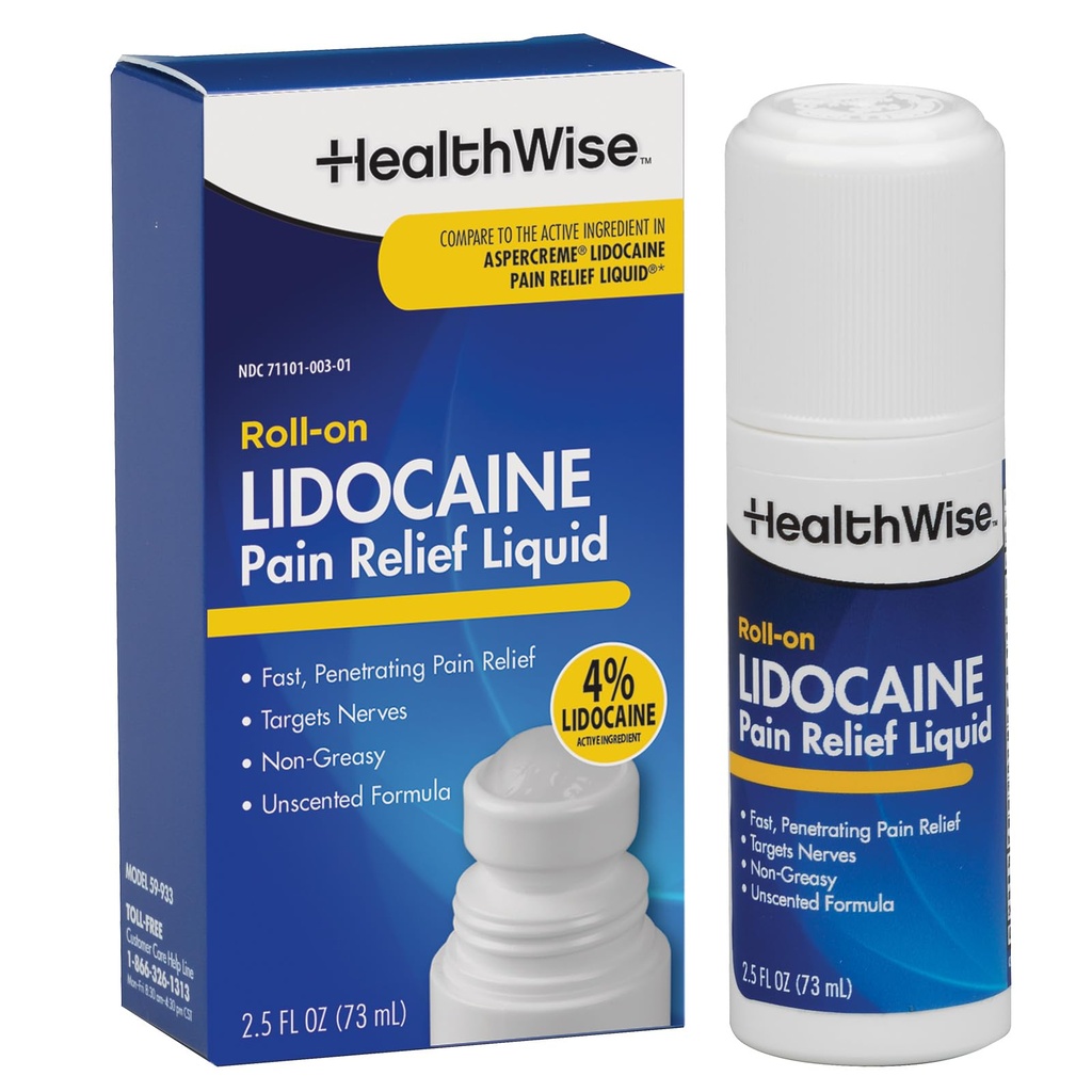 HealthWise 4% Lidocaína Roll-On Força OTC Relief Líquido de alívio da dor ~ 2,5 oz. 73 ml