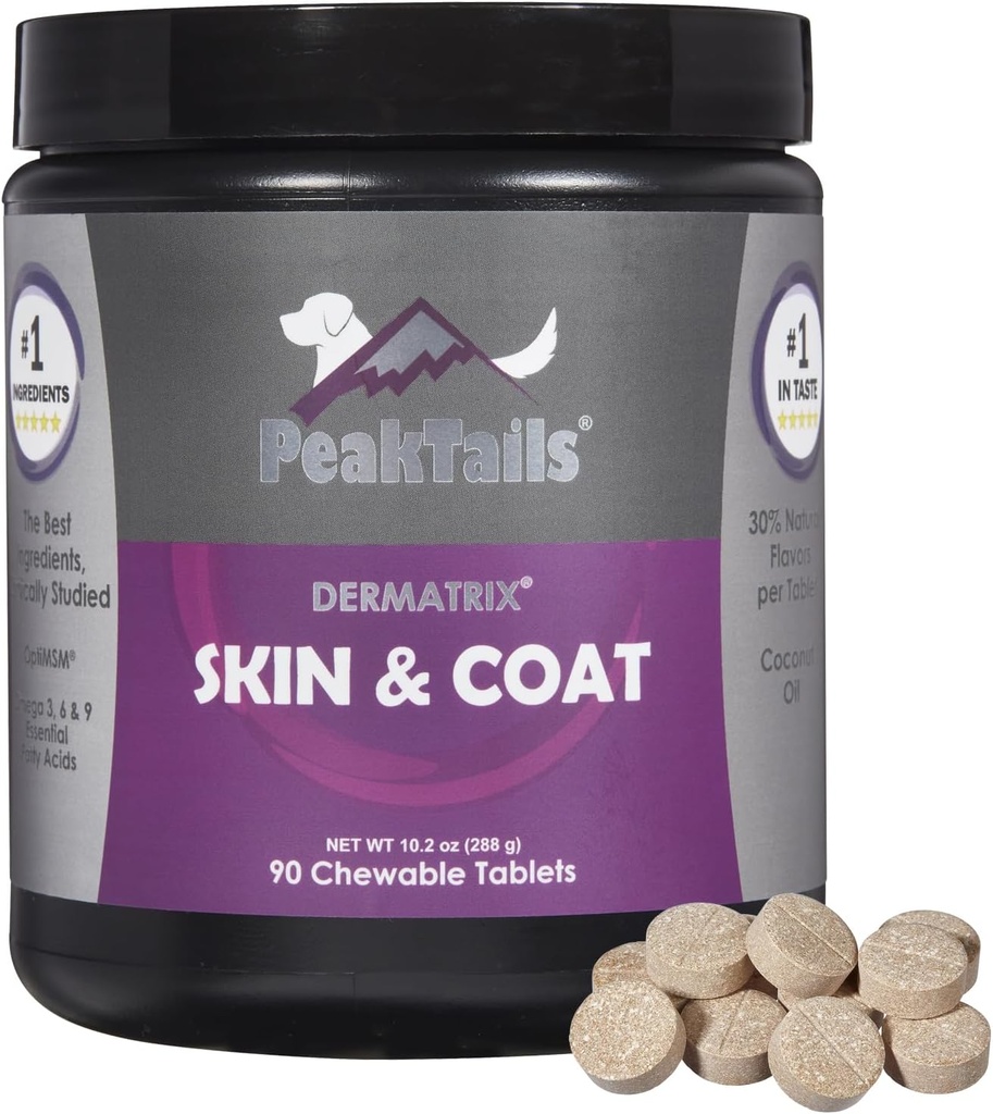 Kala Health PeakTails Skin & Coat Suporte para cães – 90 comprimidos mastigáveis com HSH, óleo de peixe, Omega-3 e Omega-6 – Suporta pele saudável, casaco brilhante