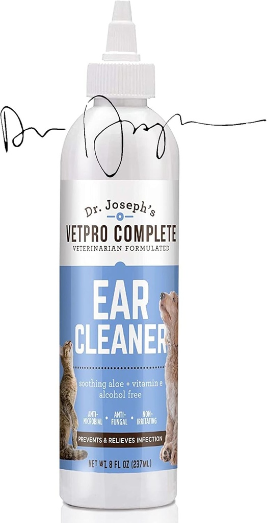 VetPro Complete Dr. Joseph's Dog Ear Cleaner, 8 onças, gentil cão e gato Erinse solução lavagem com Aloe Vera e Vitamina E, gotas de ouvido do cão para remover cera e debris, reduz odor, fácil aplicador