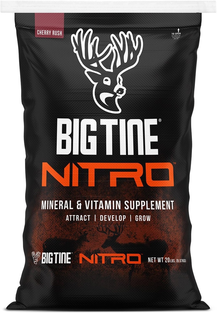 Big Tine Nitro, suplemento de veado, saco de 20 lbs, cheiro de cereja, cheiro poderoso e duradouro, alta biodisponibilidade, embalado com vitaminas e minerais