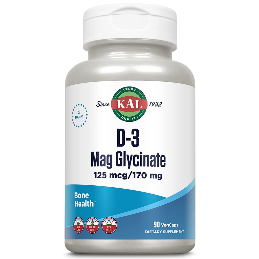 KAL Vitamina D3 & Glicinato de Magnésio, Fórmula de Absorção Melhorada com BioPerine, Músculo e Apoio à Saúde Óssea, Suporte Imune e Mais, Não-GMO, Glúten Livre, 45 Servões, 90 VegCaps