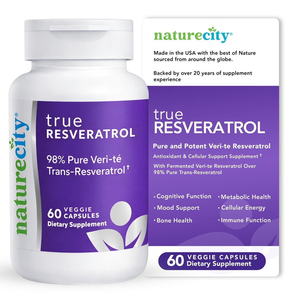 NatureCity TrueResveratrol – Suplemento Resveratrol e suporte anti-envelhecimento com 75mg Trans-resveratrol (98% Pure Veri-te) para Coração, Imune, Osso e Saúde Cognitiva