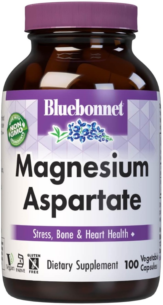 Bluebonnet Nutrition Magnesium Aspartate, Stress Relief*, Saúde óssea*, Saúde do coração*, Não-GMO, Vegan, Kosher Certificado, Sem glúten, Sem soja, Sem leite, 100 Cápsulas vegetais, 50 Servings