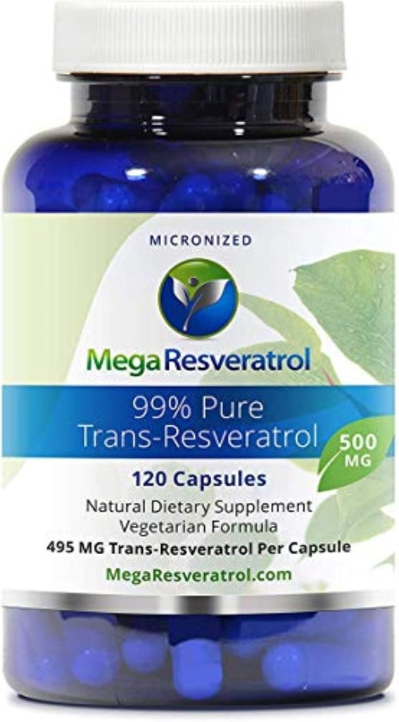 Mega Resveratrol, Grau Farmacêutico,99% Puro, Isolado, Micronizado Trans-Resveratrol, 120 Veggie Caps, 500mg por cápsula. Certificado de pureza. Absolutamente NÃO Ingredientes tóxicos “inativos” adicionados.