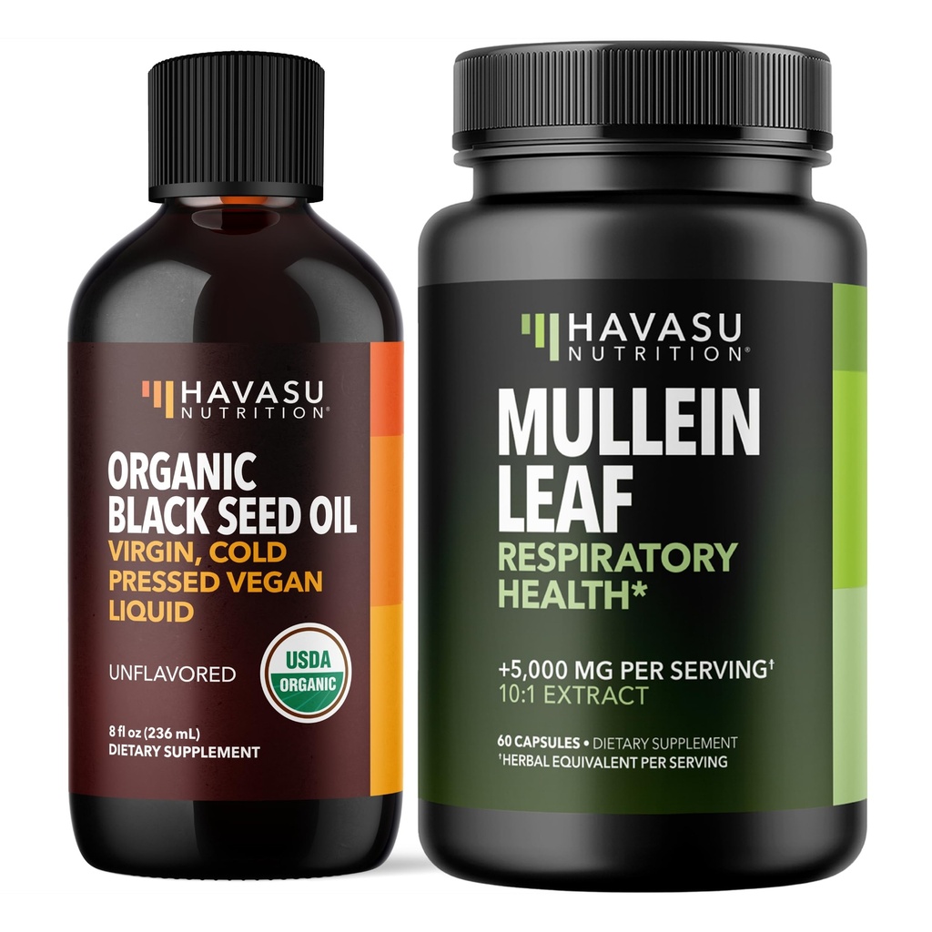 NUTRIÇÃO HAVASU Orgânico Óleo de Sementes Negras Líquido + Mullein Folha Cápsulas