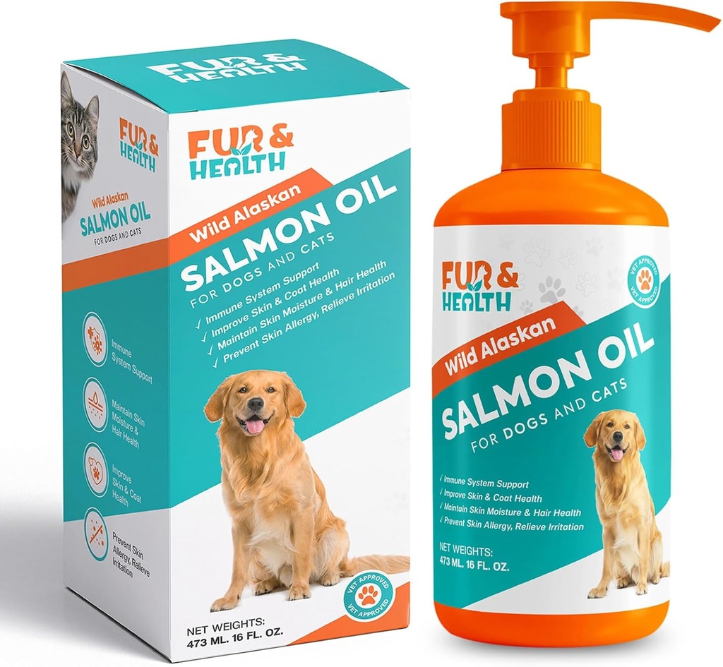 Fur & Saúde Wild Alaskan Salmon Oil com Omega 3 para cães e gatos - Natural Fish Oil Supplement Saudável Pele, casaco brilhante e suporte conjunto - Puro EPA & DHA Fórmula para Saúde Imune Animal 16 onças