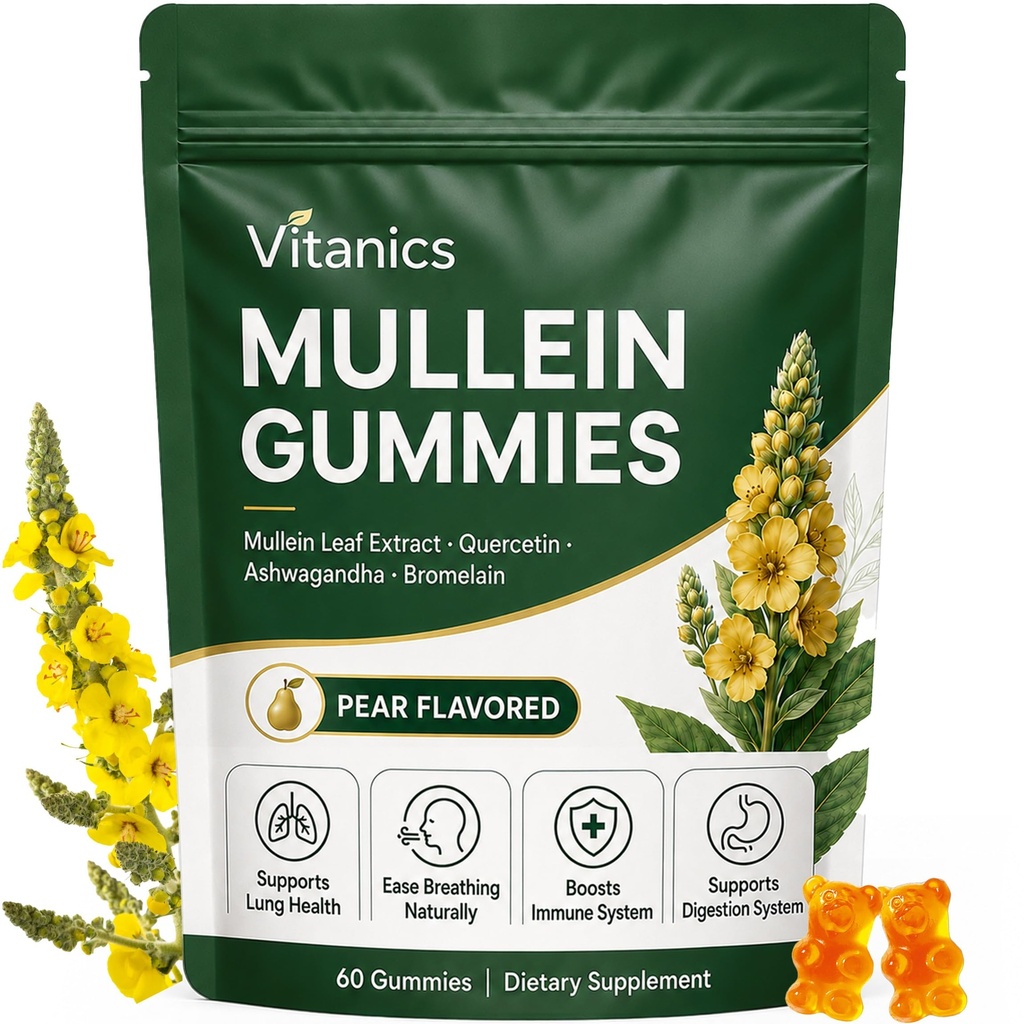 Mullein Gummies, Pastilhas de saúde respiratória diária, 1000mg Mullein Folha de erva Extrato, Flavor de Pear, Saúde do Pulmão e alívio do Sinus (30 fornecimento dia)