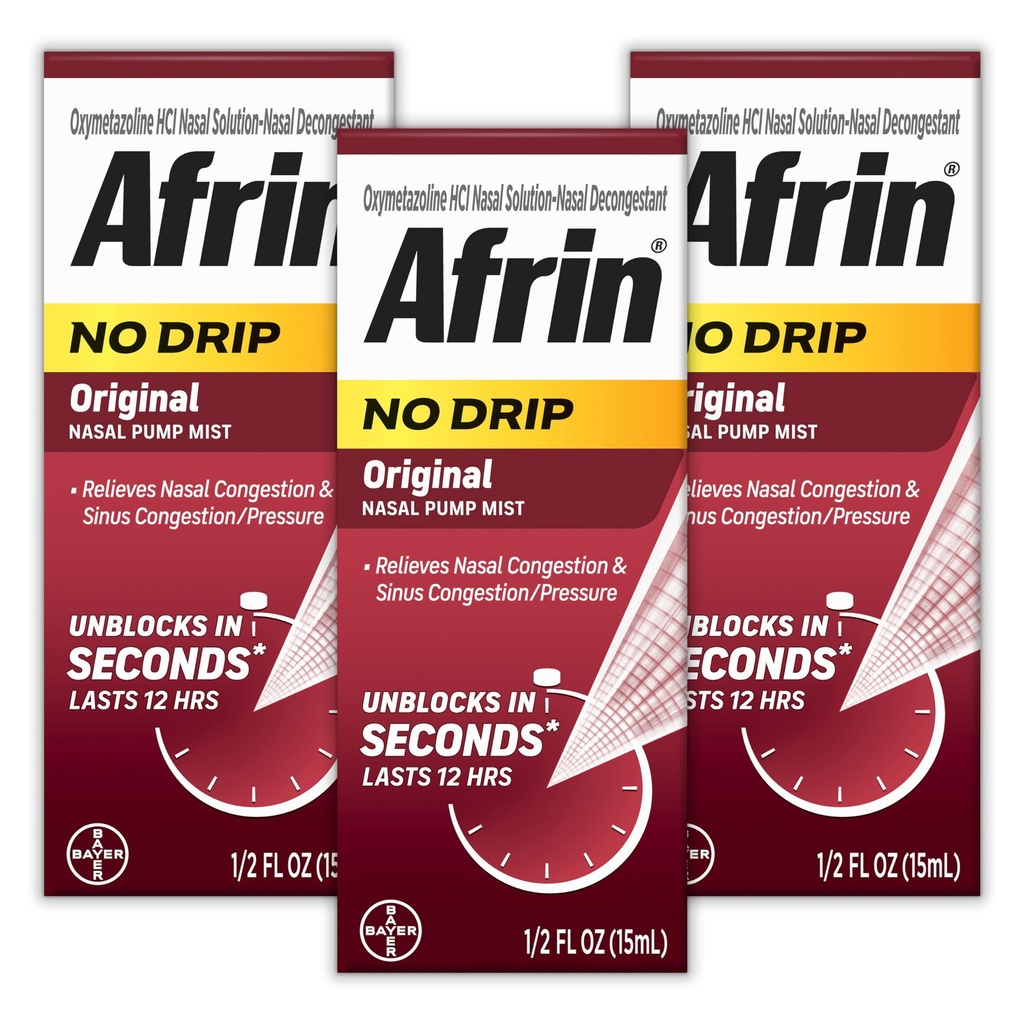 AFRIN No Drip Original Nasal Mist Triple Pack, Non-Drowsy, Fast-Acting Descongestionant para congestão nasal e alívio da pressão sinusal, adultos e crianças 6 e mais velhos, .5 fl oz (Pack of 3)