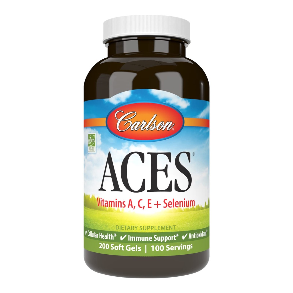 Carlson - ACES, Vitaminas A, C, E + Selênio, Saúde Celular e Suporte Imune, Antioxidante, 200 Softgels
