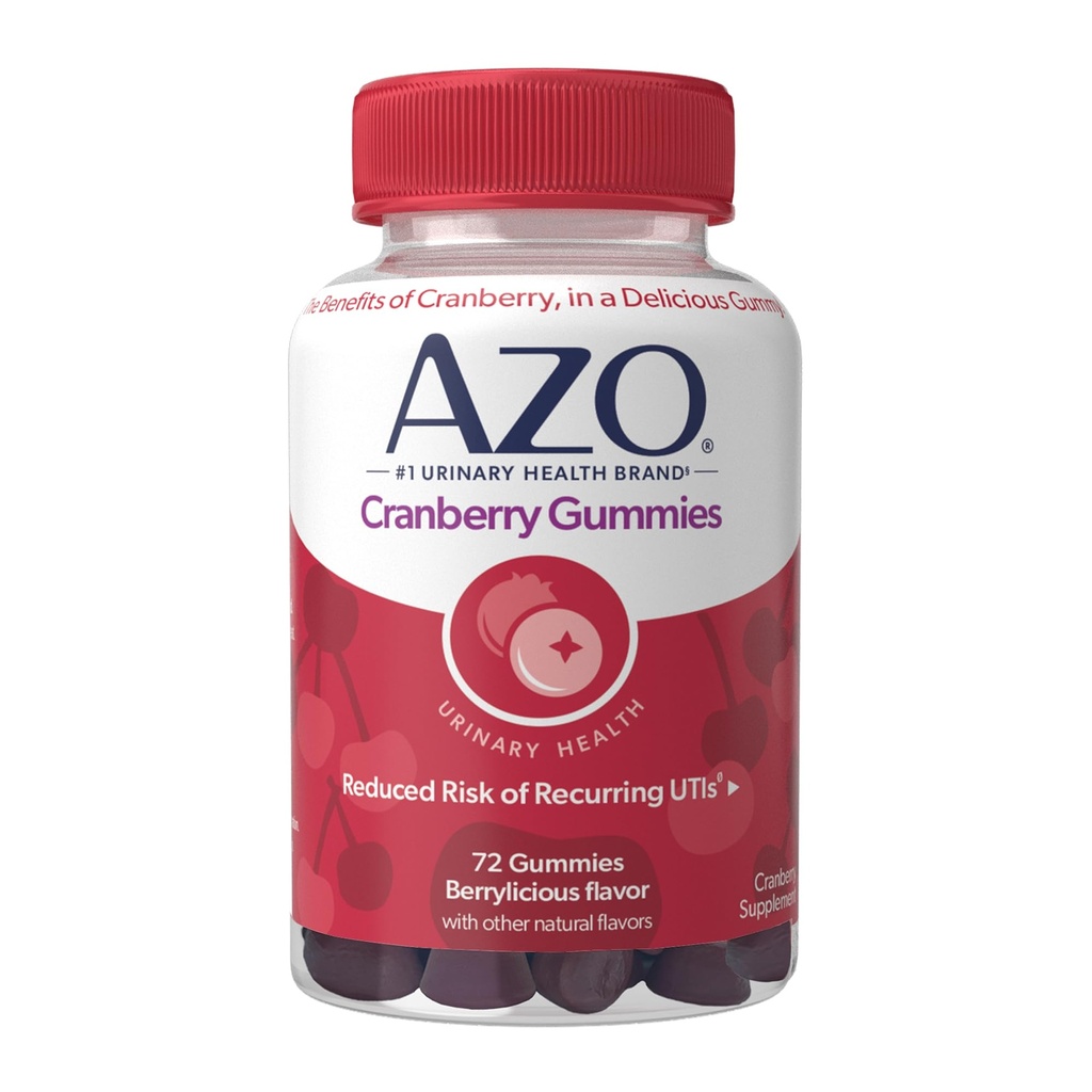 AZO Cranberry Urinary Tract Health Gummies Suplemento dietético, 2 chicletes = 1 copo de suco de cranberry, Ajuda a limpar e proteger, sabor Berrylicious Natural, Não-GMO, 72 chicletes