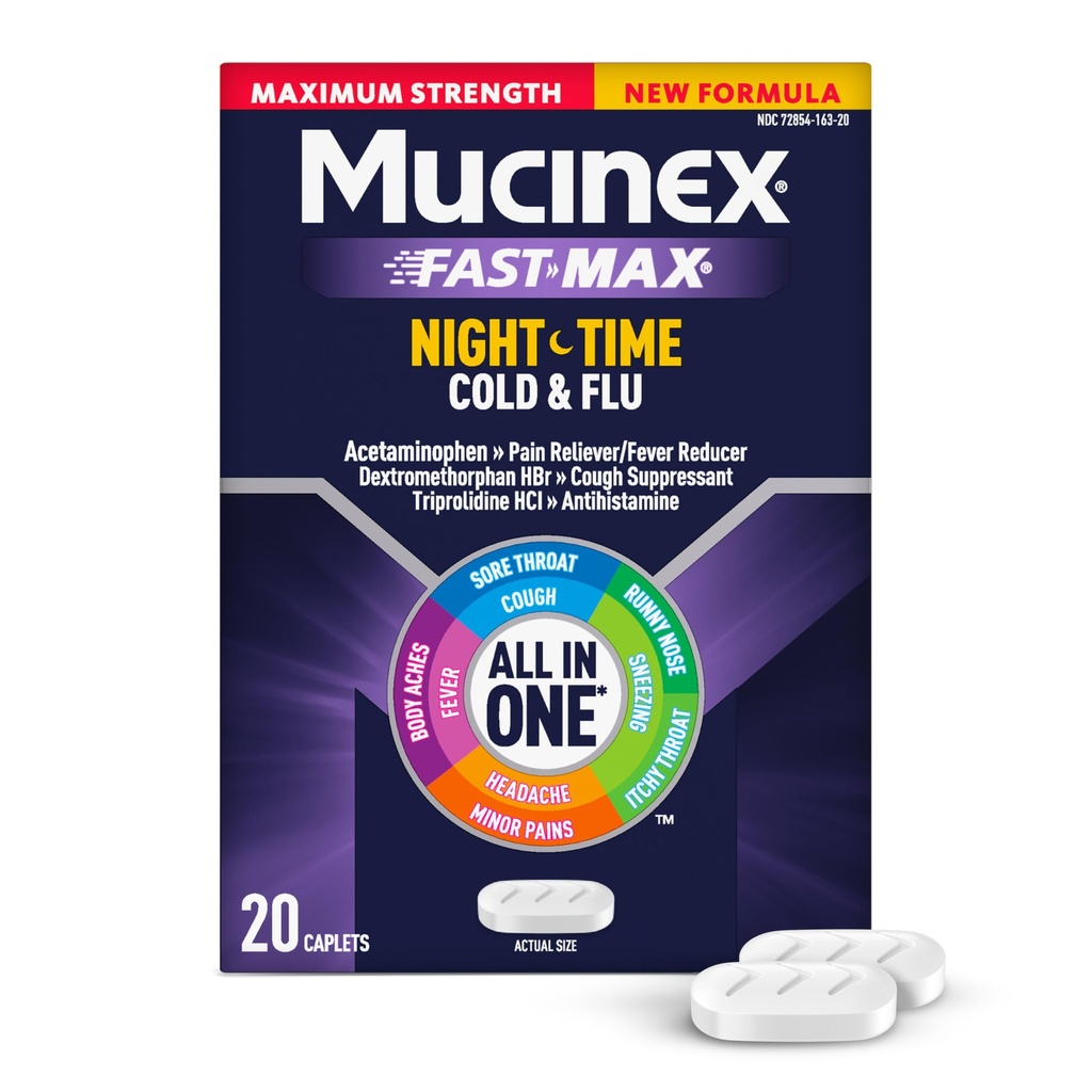 Mucinex Nightshift Frio e gripe, força máxima poderoso Multi-Symptom alívio noturno, 20 Caplets de liberação rápida - Reliever dor / Redutor de febre, Supressor de tosse, Anti-histamínico