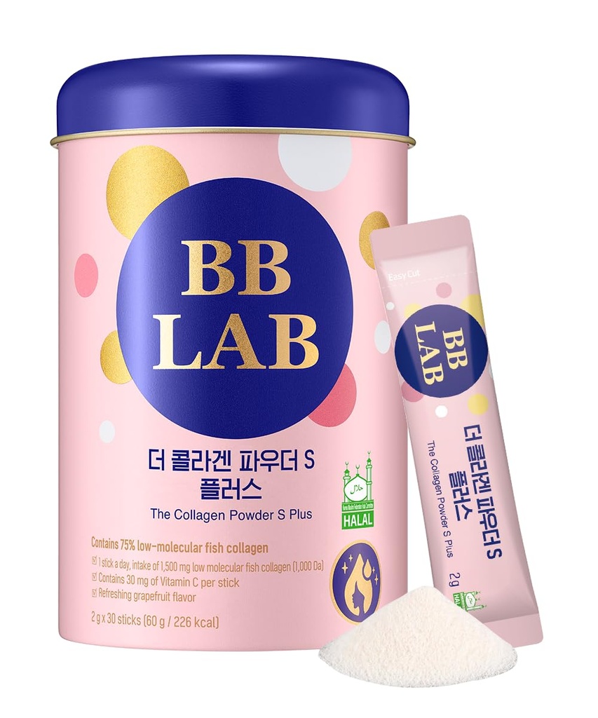 BB LAB Colágeno em pó S Plus Halal, Low Molecular Korean Colágeno em pó Stick Supplement, Marine, Fish Colágeno Peptides, Vitamina C, Glicina, Absorção Rápida, Sabor de Toranja