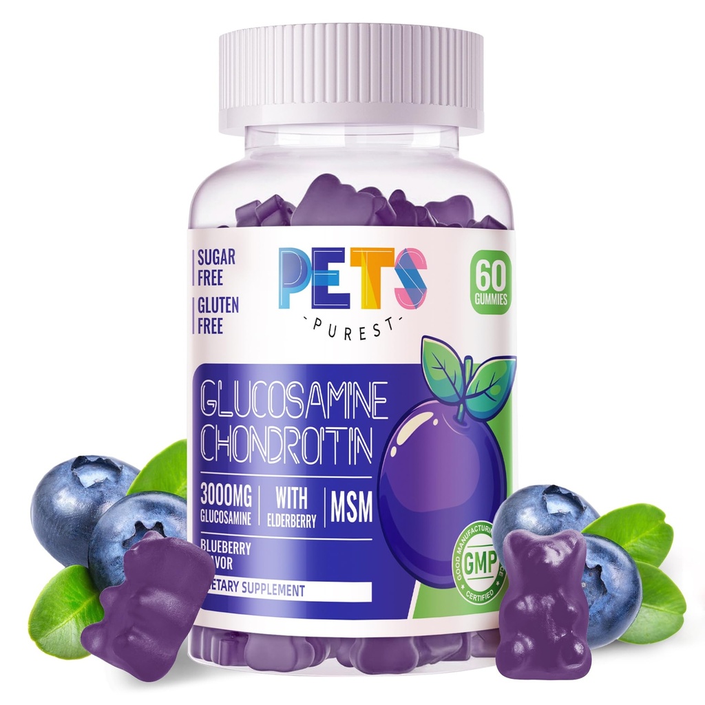 Animais de estimação Purest Glucosamine Chondroitin Gummies com HSH & Elderberry Força Extra - Apoio Conjunto, Suplemento de Suporte Imune Antioxidante para Adultos, Homens e Mulheres.60 Blueberry Gummies