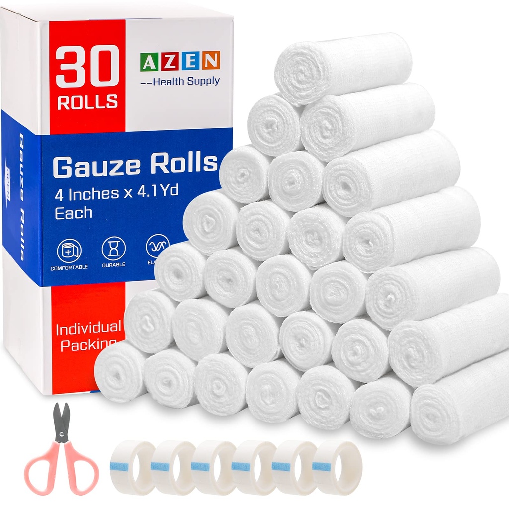 AZEN 30 Pack Gauze Rolls Bandages, 4 em x 4, 1 Jardas, suprimentos médicos premium e suprimentos de primeiros socorros, envoltório de envoltório de bandagem, Embrulhos de mamãe