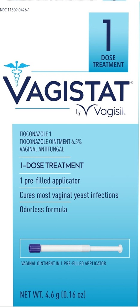 Vagisil Vagistat 1 dia Tratamento de Infecção por Levedura de Dose Única para Mulheres, Pomada Antifúngica Ajuda a aliviar coceira externa e irritação, 1 Aplicador Vaginal Pré-Preenchido Sem Toque (Pacote de 1)