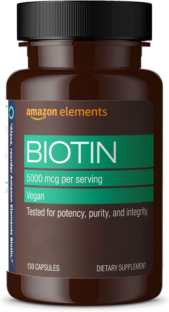 Elementos Vegan Biotin 5000 mcg - Cabelo, Pele, unhas, 130 Cápsulas (4 meses de fornecimento) (Pacote pode variar)