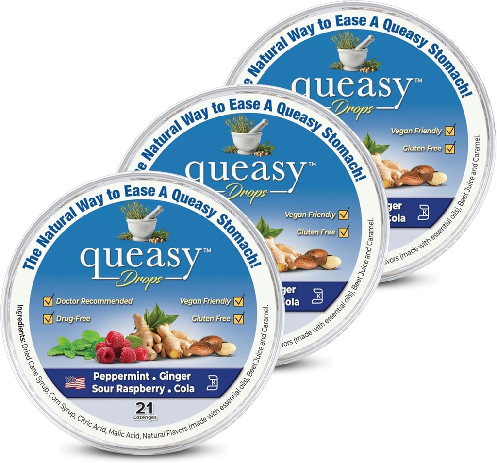 Três Lollies Queasy Drops - Alívio de Náusea e Doença de Viagem - Alivia uma Boca Seca e resolve o estômago - Ingredientes naturais - 4 sabores - 21ct (Pacote de 3)