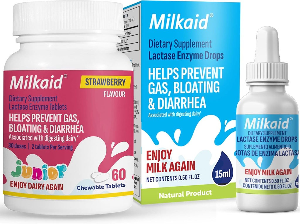Milkaid Junior Lactase Enzima Comprimidos mastigáveis Lactase Drops para alívio de intolerância Lactose * Previne o gás, esvaziamento, diarreia em crianças