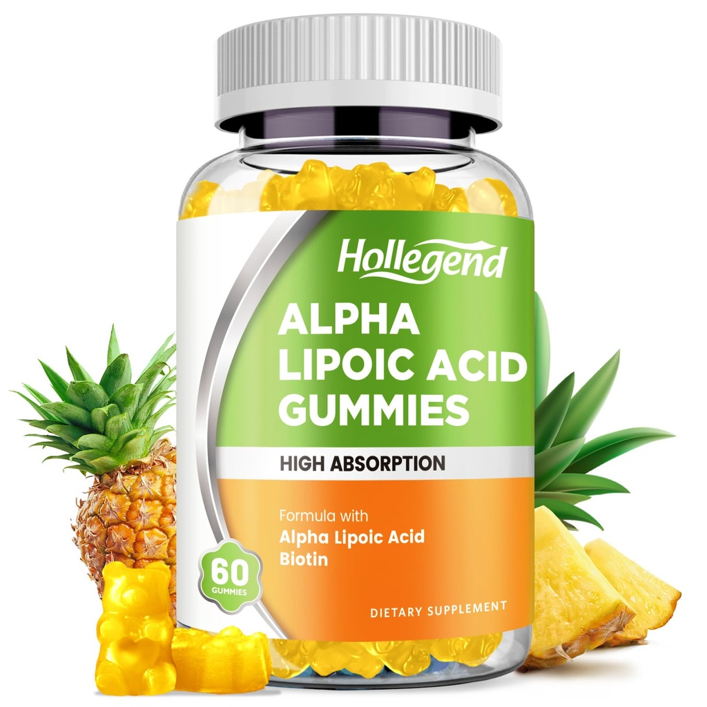 Gomas de ácido lipoico alfa 1000Mg com biotina, alta absorção mastigável Suplemento ALA para antioxidante, saúde do cérebro e suporte nervoso, sabor abacaxi, Açúcar livre, 60 mastigações