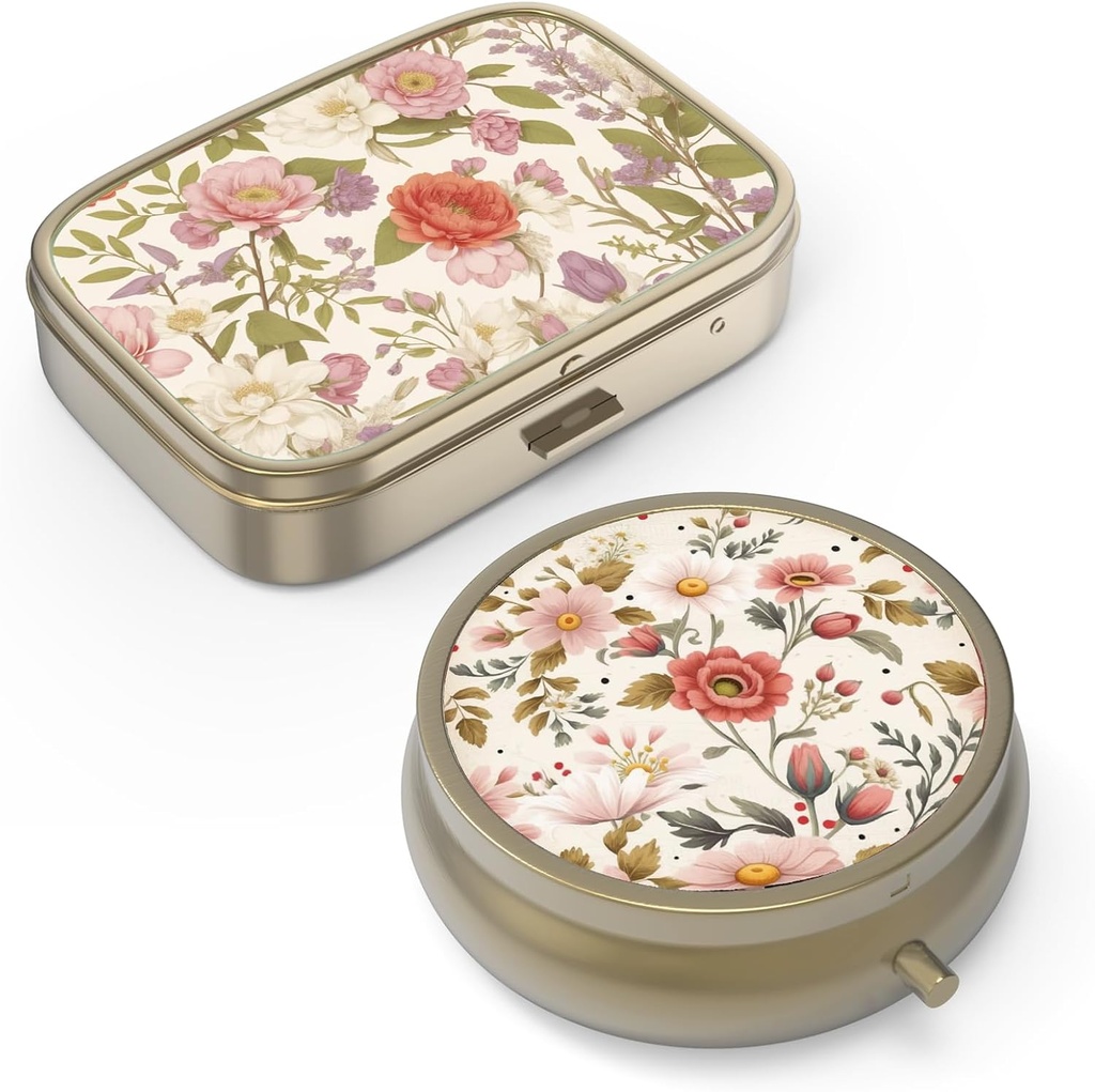 Pílula Organizador Caixa de Pílula com Espelho Retro Caixa de Pílula Pequena para Caixa de Pílula de Bronze de Bolsa ou Bolso ou Vitaminas, Óleo de peixe, Suplementos, Presentes de viagem de Contaína(2PCS-Retro Flores Vermelhas)