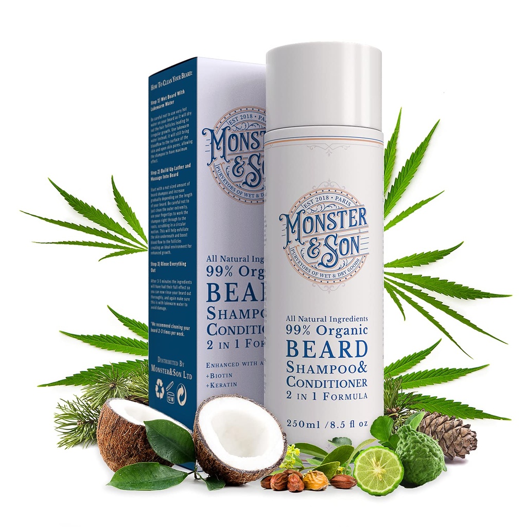 Monster & Son Organic Barba Shampoo & Conditioner 2 em 1 - Lavagem de barba com condicionador para homens - Limpador de rosto suave para pele sensível - Hipoalergênico, Paraben & Sulfato Grátis - Longa duração 250ml