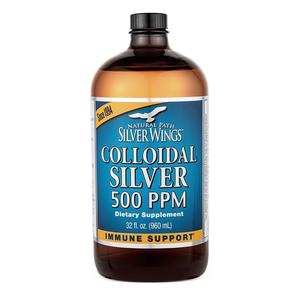 Caminho natural Asas prateadas Prata coloidal 500ppm (2.500mcg) Suplemento de suporte imunológico 32 fl. oz.