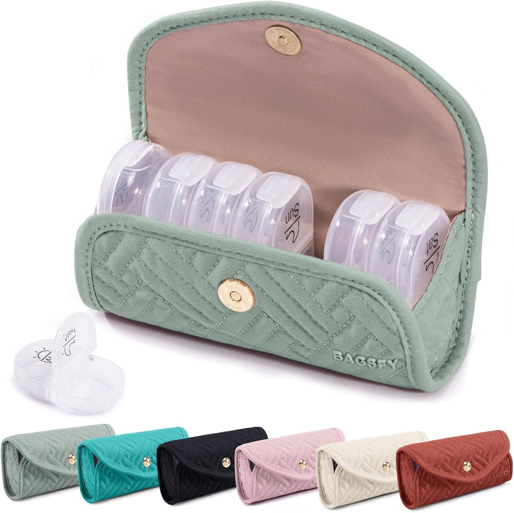 BAGSFY Organizador de pílulas semanais 2 vezes por dia em uma caixa de pílulas de tecido bonito, saco de medicina, caixa de pílulas AM PM 7 dias, caixa de viagem de medicação portátil para pílulas, vitaminas, óleo de peixe, suplementos.