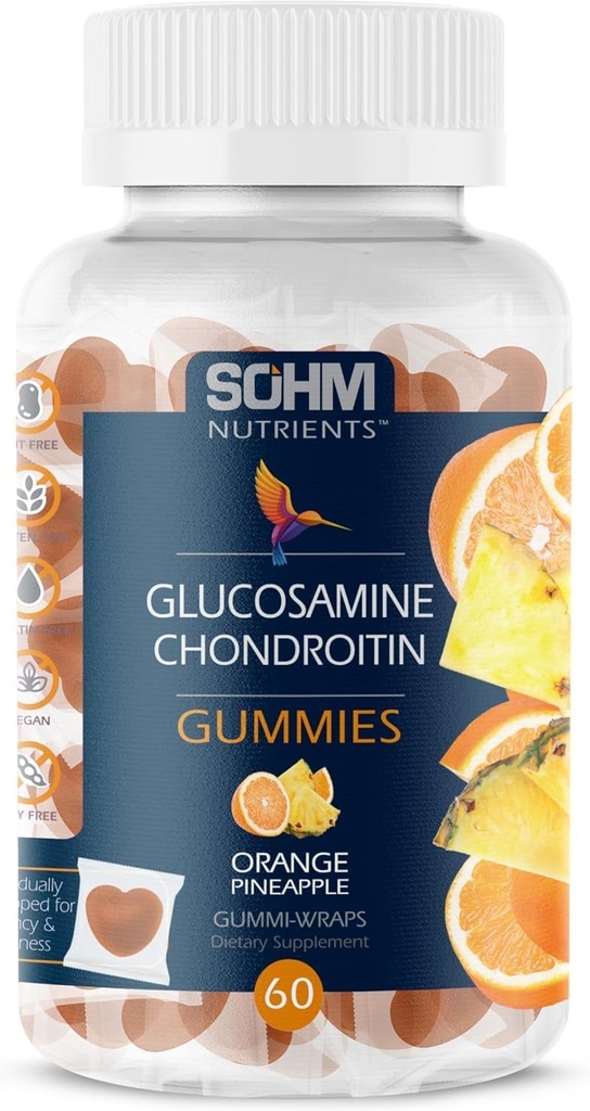 SOHM Glucosamina e Chondrotin Gummies 60 Conde individualmente embrulhado, apoia a saúde articulações e saúde dos ossos, Glucosamina Chondroitin Gummies para homens e mulheres vegetariana (Pineapple, laranja)