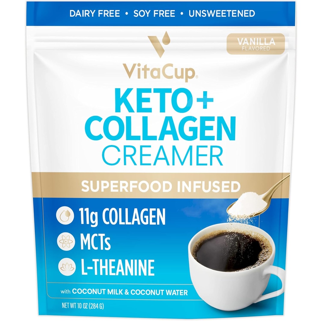 VitaCup Keto + creme de café de colagénio Vanilla Flavor com MCT, proteína de colagénio, água de coco, L-teanina para Keto Diet, uso em café, smoothies, & Shakes, leite sem glúten, sem soja, 10 onças