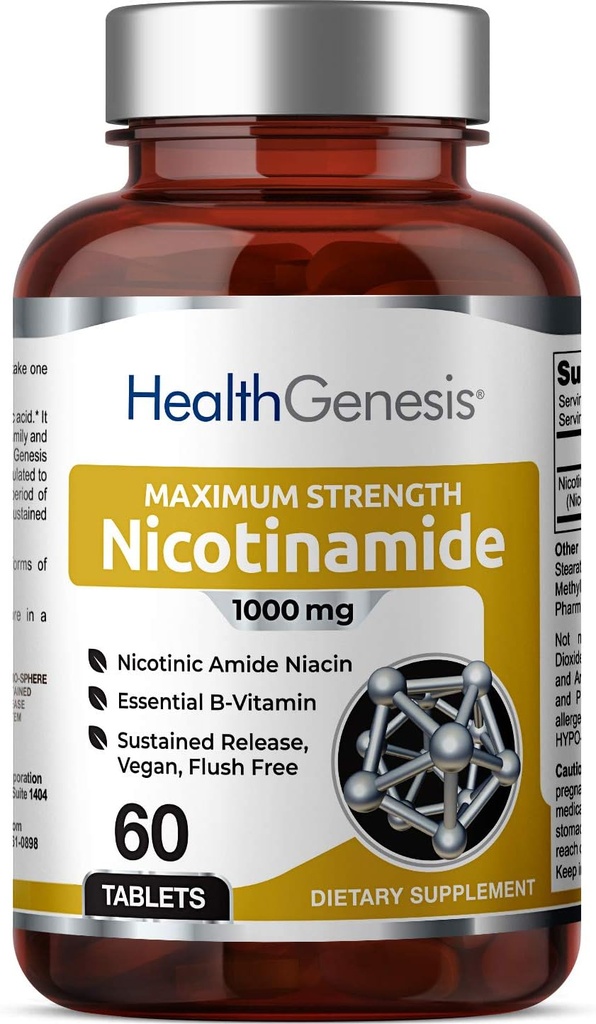 B-3 Nicotinamida 1000 mg 60 Tabs Força extra Libertação lenta - Natural Flush-Free Vitamina Fórmula □ Nicotinic Amide Nicotin sem glúten Suporta saúde da pele