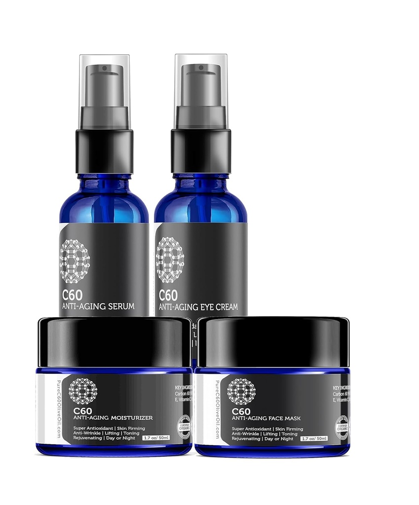 C60 Solução completa de cuidados com a pele - Anti envelhecimento Hidratante, máscara, creme de olho e soro com superantioxidante de carbono 60 - Brilho para manchas escuras, até tom de pele, área dos olhos, linhas finas e rugas