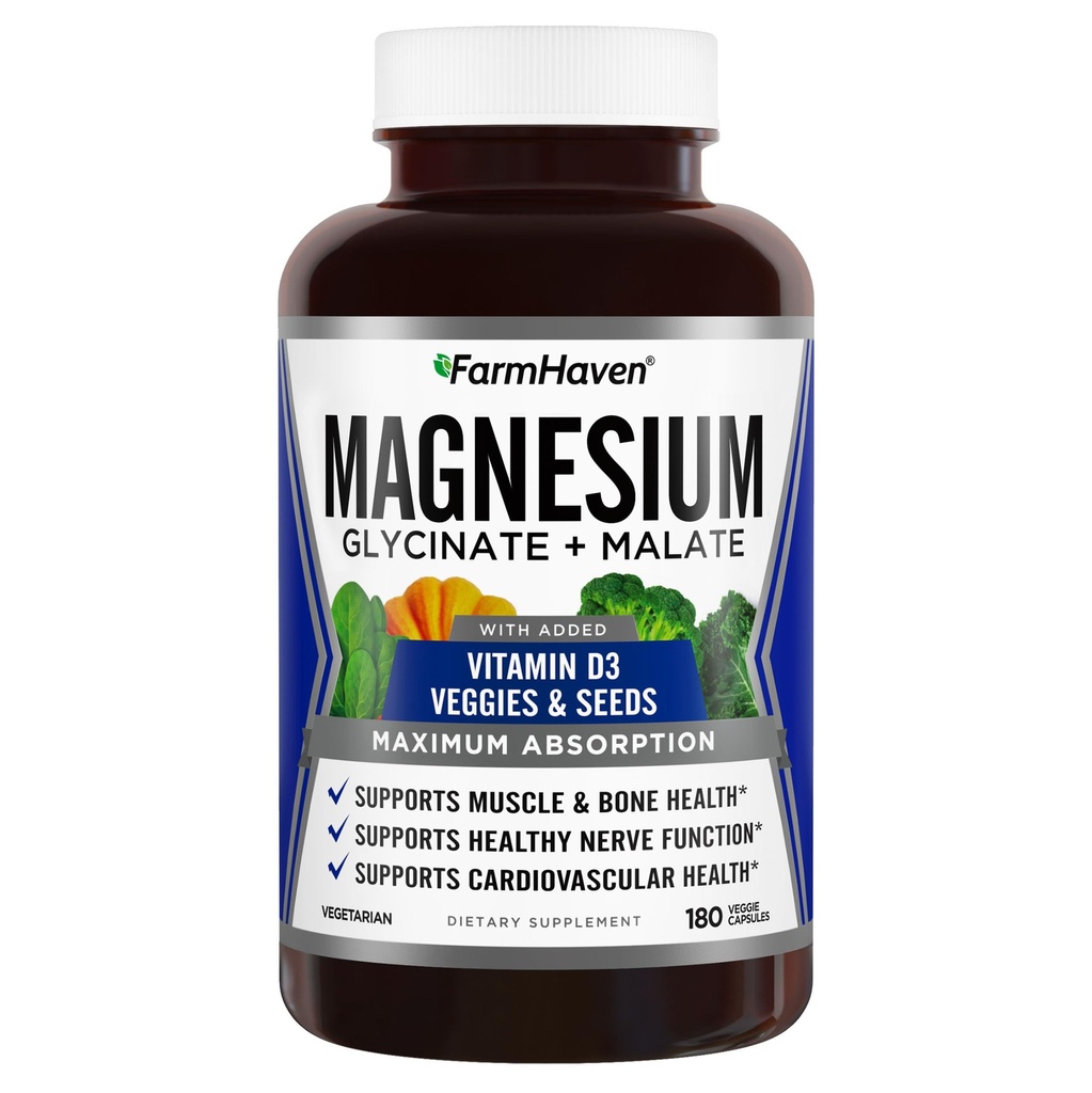 Complexo de Magnésio FarmHaven Glycinate & Malate w/Vitamina D3, 100% Quelated para Max Absorção Vegetariana – Saúde Óssea, Nervos, Músculos, 180 Cápsulas, 90 Dias