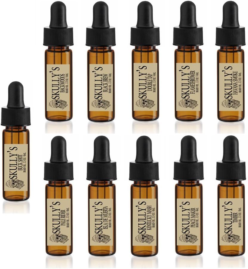 Conjunto de amostras de óleo de barba de Skully (11) 5 ml de gotas de vidro, pacote de viagem