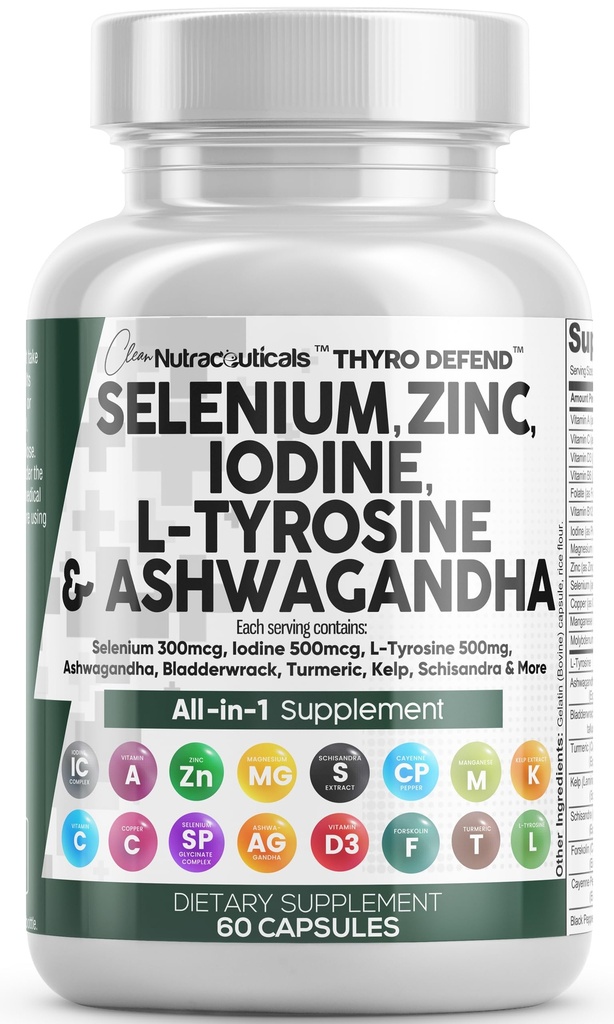 Limpeza Nutra Selenium 300mcg Iodine 500mcg Apoio à tireóide para mulheres e homens L Tyrosine 500mg Suplemento Ashwagandha Bladderwrack, Açafrão, Kelp, Schisandra Zinc Pills Suplementos da cápsula