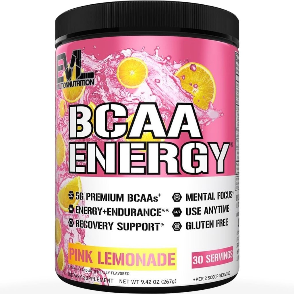 EVL BCAAs Aminoácidos Pó - BCAA Energia Pré-treino Pó para Recuperação Músculo Crescimento Lean e Endurance - Reidratação Pós-treino Recuperação Beba com Cafeína Natural - Limonada Rosa