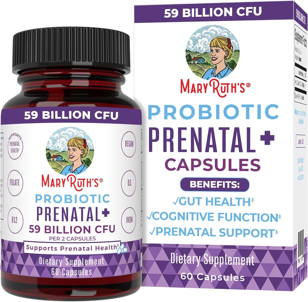 MaryRuth Orgânicos Vitaminas pré-natais e Probióticos ; 59 bilhões de UFC ; Vitamina D3 & B12 ; Ferro ; Folato ; Selênio ; Colina ; Vegan ; Não-OGM ; 60 Cápsulas