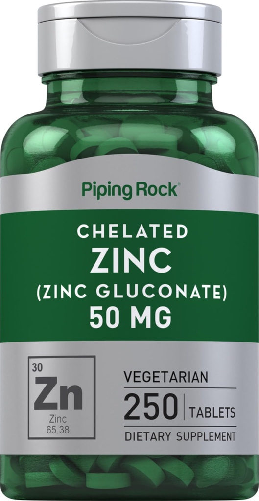 Piping Rock Quelated Zinc 50mg 250 Comprimidos Ou Gluconato Vegetariano, Não-GMO, Suplemento sem glúten