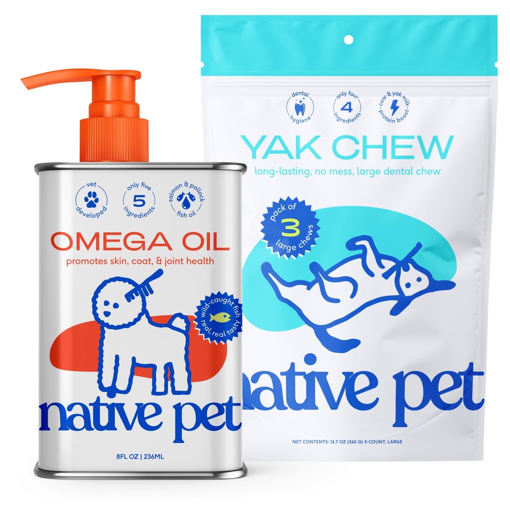 Óleo de Ômega de animal de estimação nativo para cães - Suplementos de óleo de peixe do cão & Yak Chews para cães , Pasture-raised e orgânico queijo de yak Himalayan Churpi Chews , 8 Oz. & 3 Grande Yak Chews